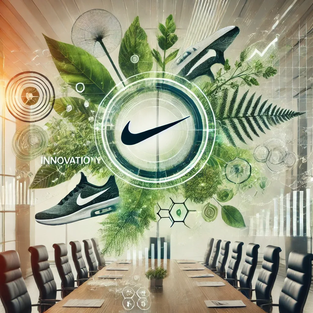 A representation of Nike's sustainability innovation and corporate changes, featuring eco-friendly materials, abstract growth symbols, and a corporate boardroom background symbolizing shifts in strategy.