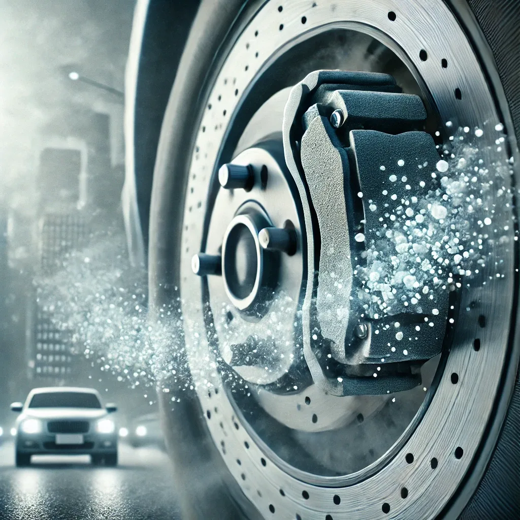 A close-up of a car wheel emitting fine particulate matter from brake pads, illustrating brake dust pollution in an urban environment.