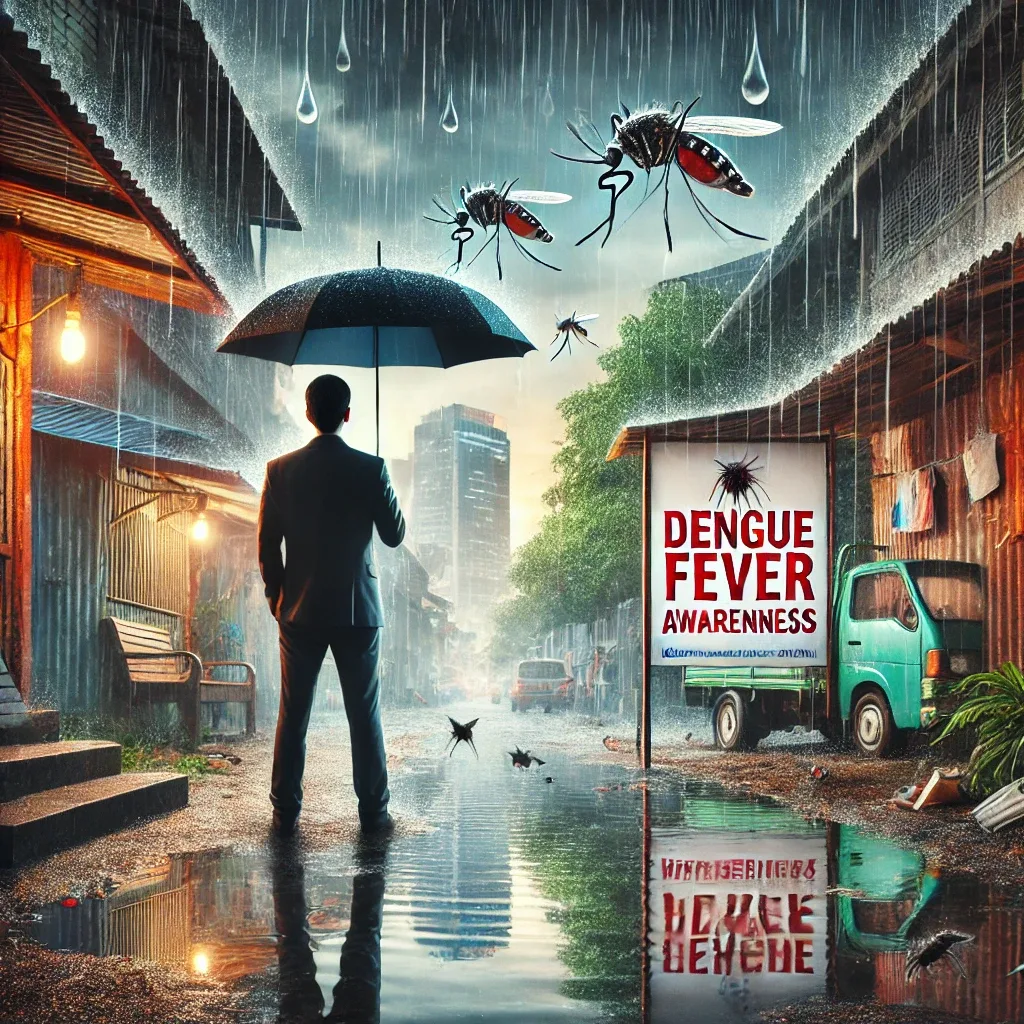 A tropical urban environment with heavy rainfall, puddles forming, and mosquitoes flying around. A concerned person holds an umbrella while looking at a dengue fever awareness poster.