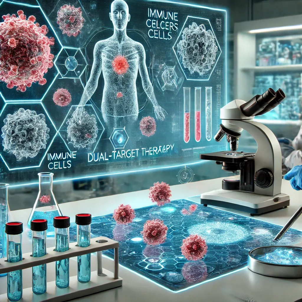 Researchers in a high-tech laboratory analyze breast cancer cells under a microscope, with a digital screen displaying immune cells attacking cancer cells.
