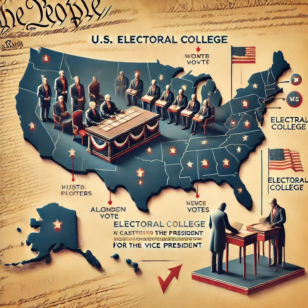 A visual representation of the U.S. Electoral College process with electors casting votes for President and Vice President.
