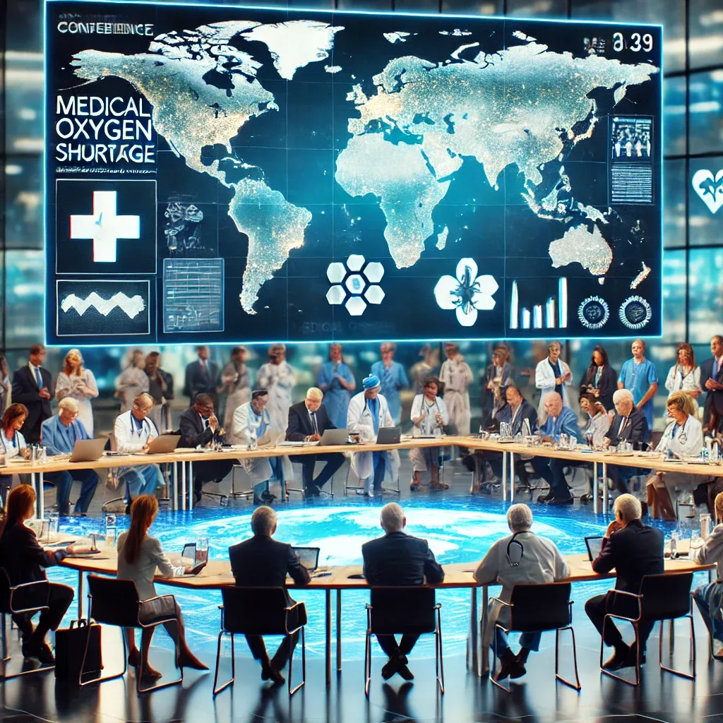 A healthcare conference where experts discuss solutions for the medical oxygen shortage, with a digital screen showing a world map highlighting affected areas.