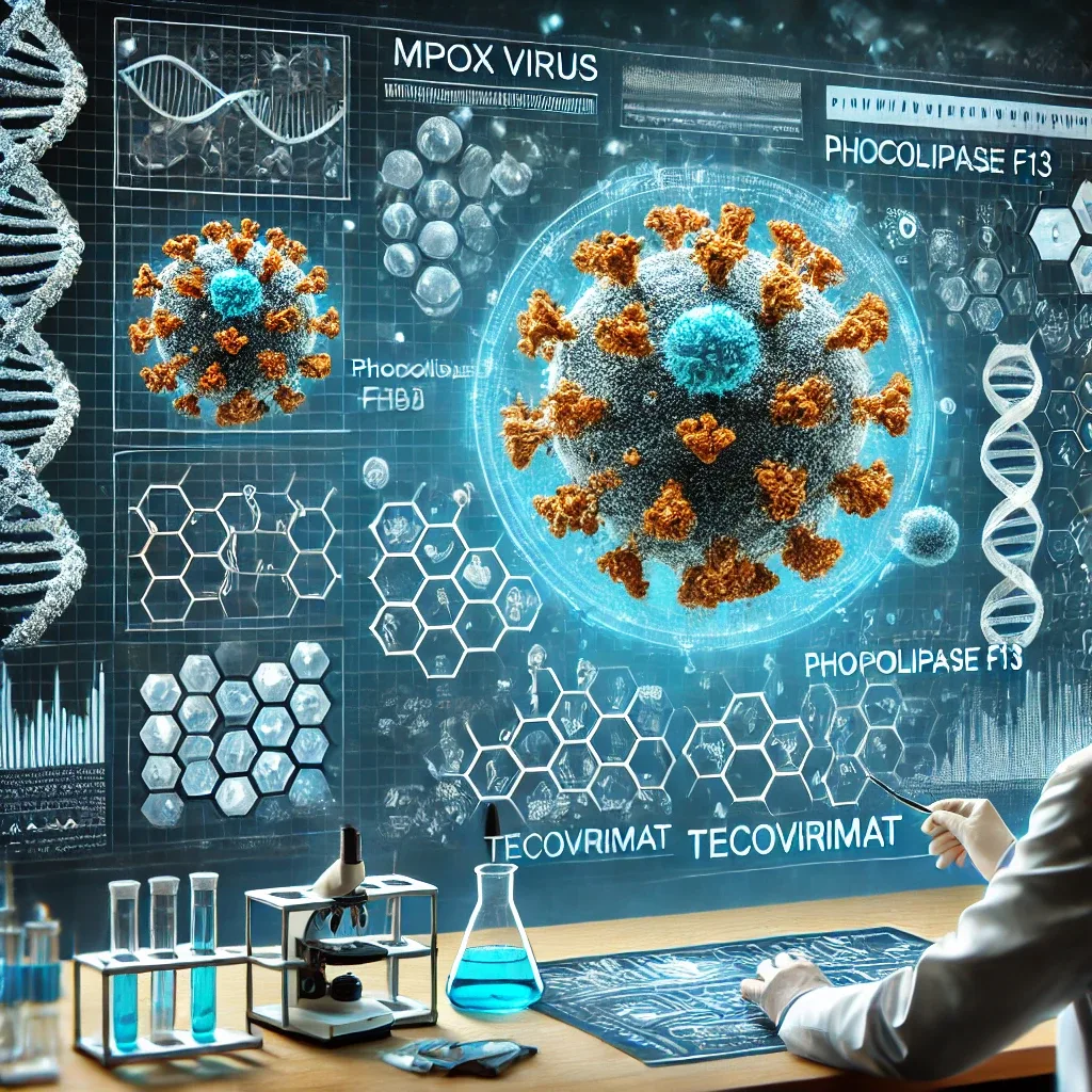 Scientific illustration showing the mpox virus structure, phospholipase F13 interaction with tecovirimat, and a researcher analyzing molecular data on a screen.