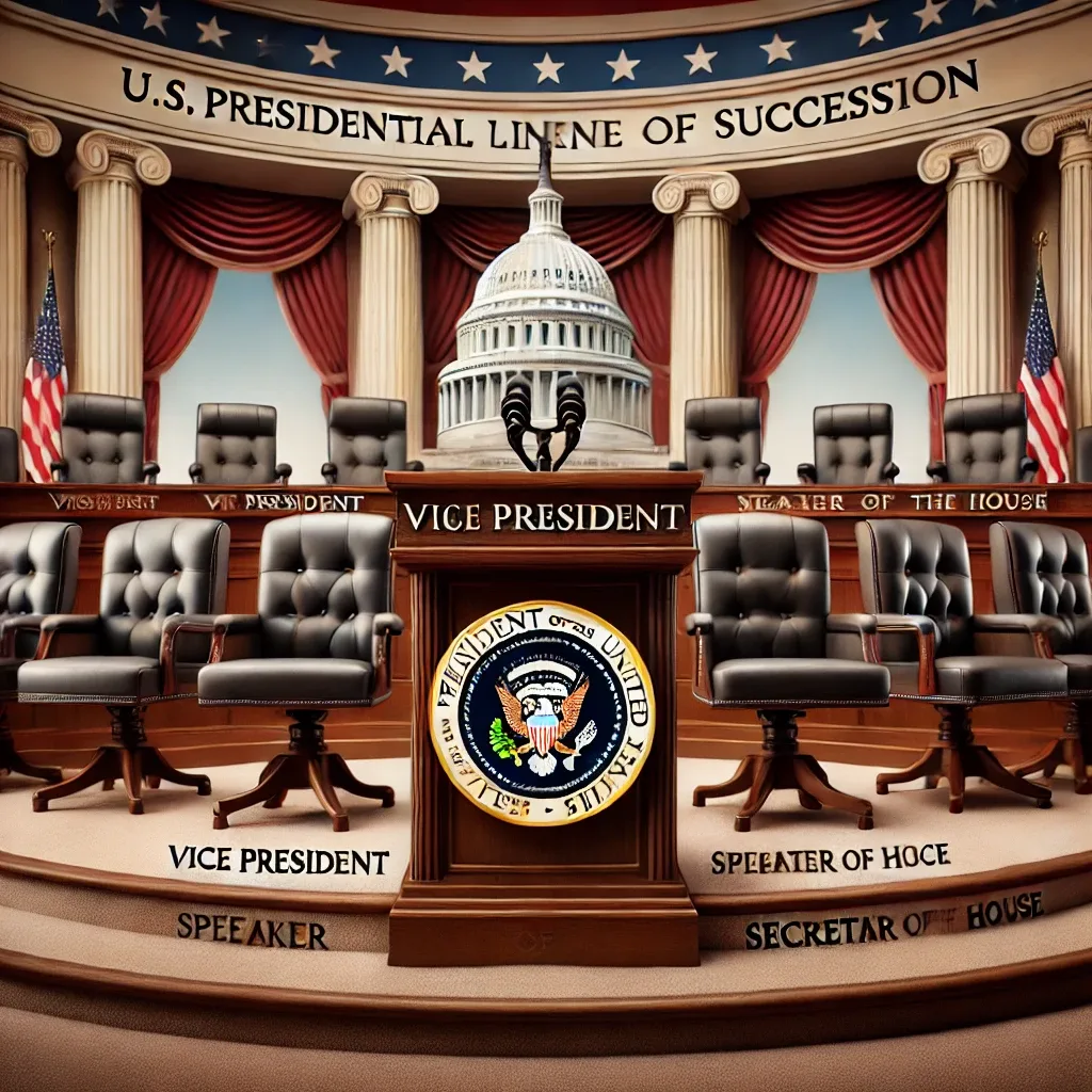 A podium with the Presidential Seal stands at the forefront, with chairs behind it labeled with positions such as Vice President, Speaker of the House, and Secretary of State. The U.S. Capitol is in the background.