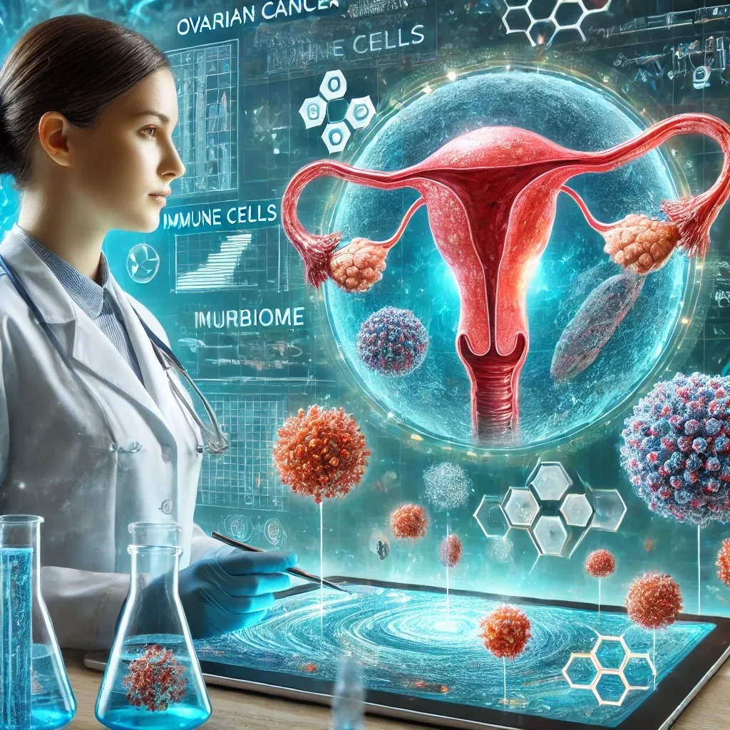 Scientific illustration showing ovarian cells, immune cells, and gut bacteria interaction, with a researcher analyzing microbiome data in a lab.