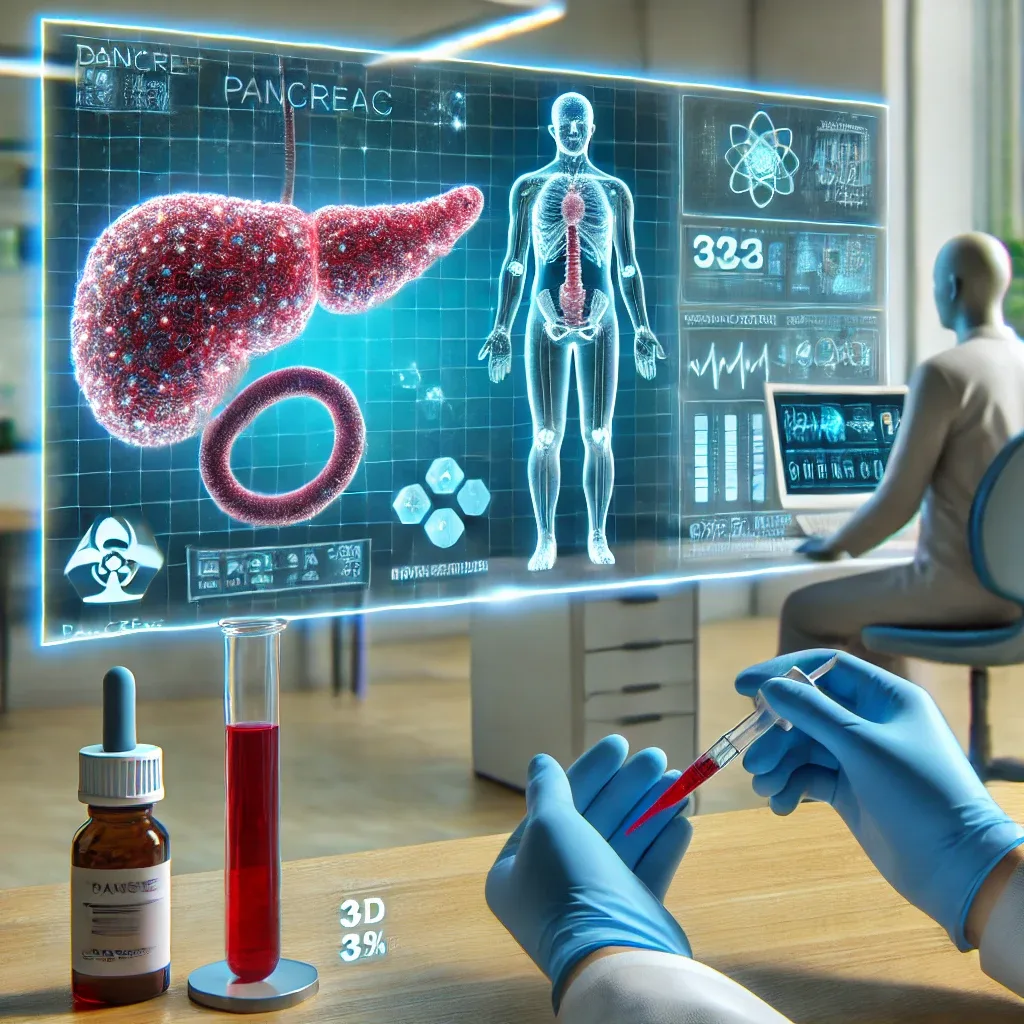 A patient in a futuristic medical clinic has a small blood sample taken for a high-tech cancer detection test, with a digital screen displaying a 3D visualization of pancreatic cells.