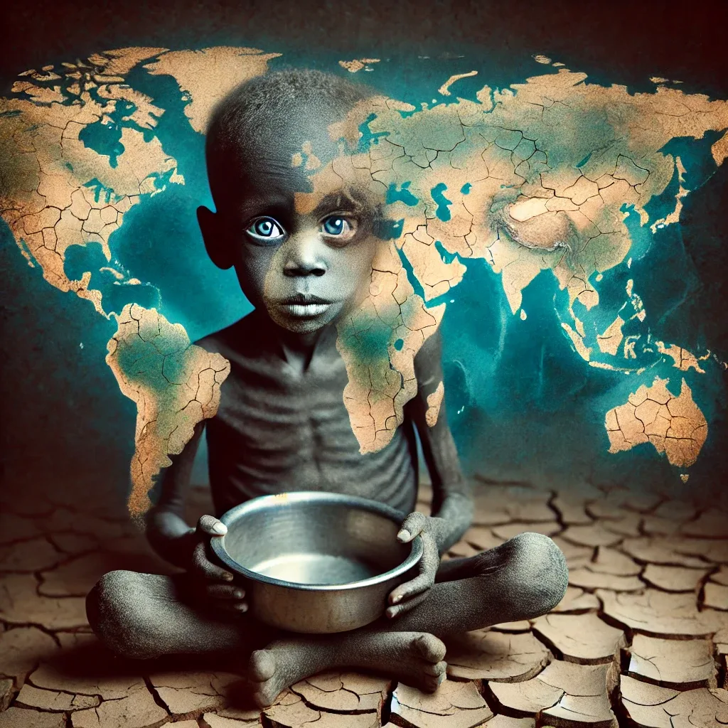 A malnourished child sitting on dry, cracked earth, holding an empty bowl, with a faded world map in the background symbolizing global undernourishment.