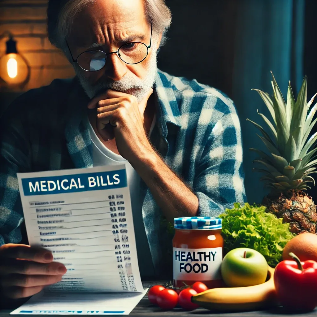 An older adult sitting at a table, looking at medical bills and healthy food choices with a concerned expression, symbolizing the financial challenges of maintaining good health.
