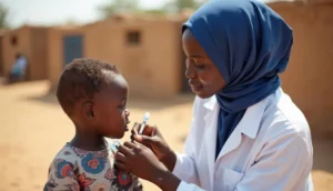 Healthcare worker in blue hijab administering vaccine to young child in rural African setting