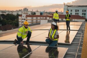 Engineers installing solar panels on a roof in Pakistan